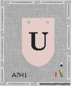 A taped needlepoint canvas with the design: Banner 13 mesh count Rounded U Black on Pink.