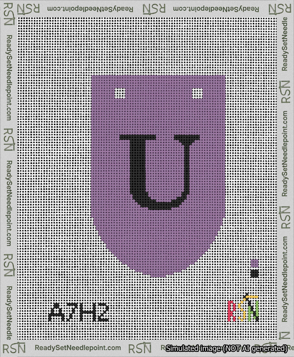 A taped needlepoint canvas with the design: Banner 13 mesh count Rounded U Black on Purple.