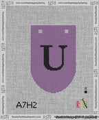 A taped needlepoint canvas with the design: Banner 13 mesh count Rounded U Black on Purple.