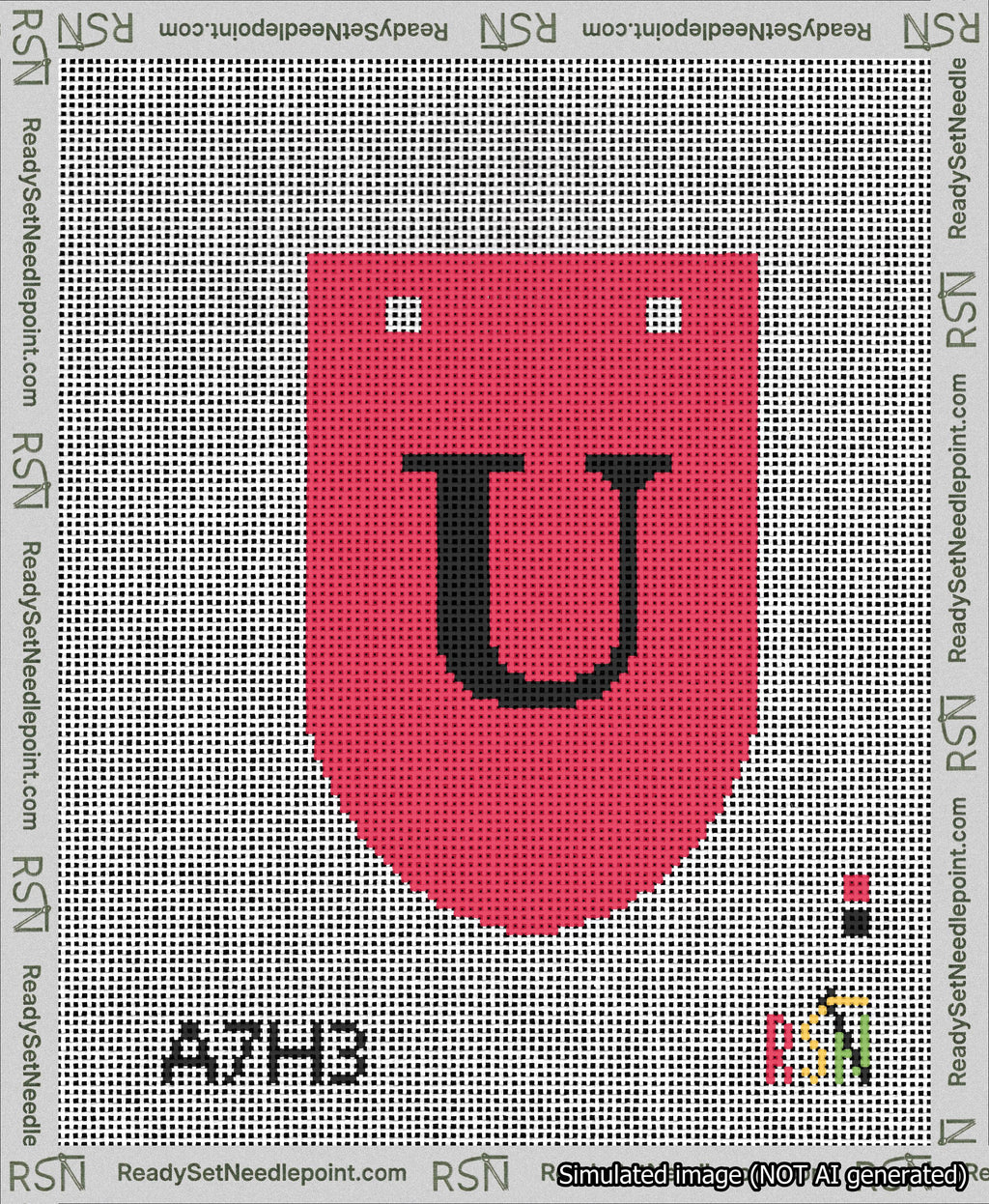 A taped needlepoint canvas with the design: Banner 13 mesh count Rounded U Black on Red.