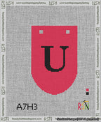 A taped needlepoint canvas with the design: Banner 13 mesh count Rounded U Black on Red.