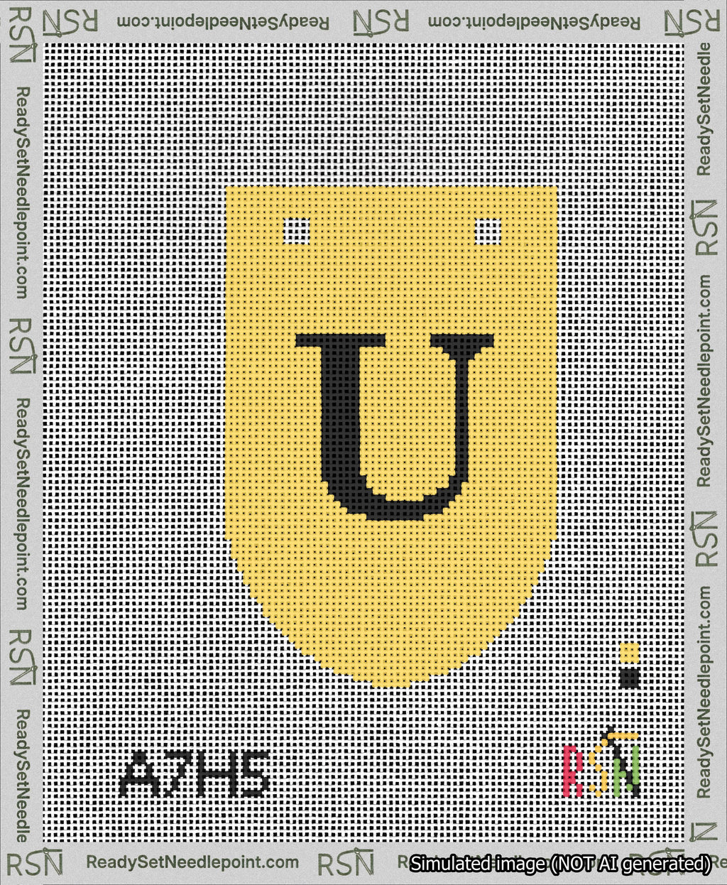 A taped needlepoint canvas with the design: Banner 13 mesh count Rounded U Black on Yellow.