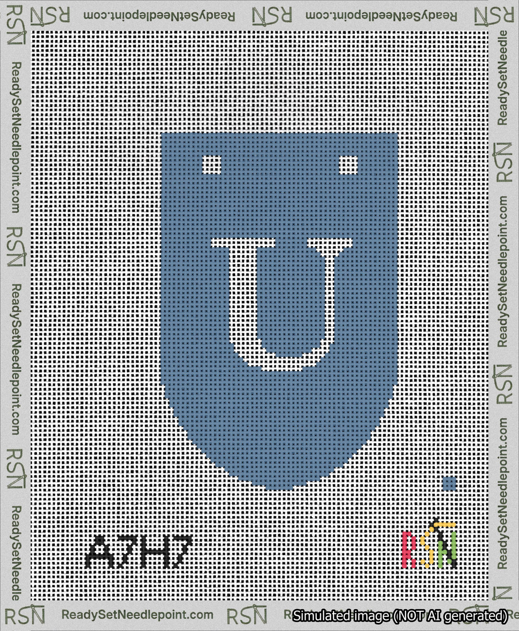 A taped needlepoint canvas with the design: Banner 13 mesh count Rounded U White on Blue.
