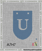A taped needlepoint canvas with the design: Banner 13 mesh count Rounded U White on Blue.