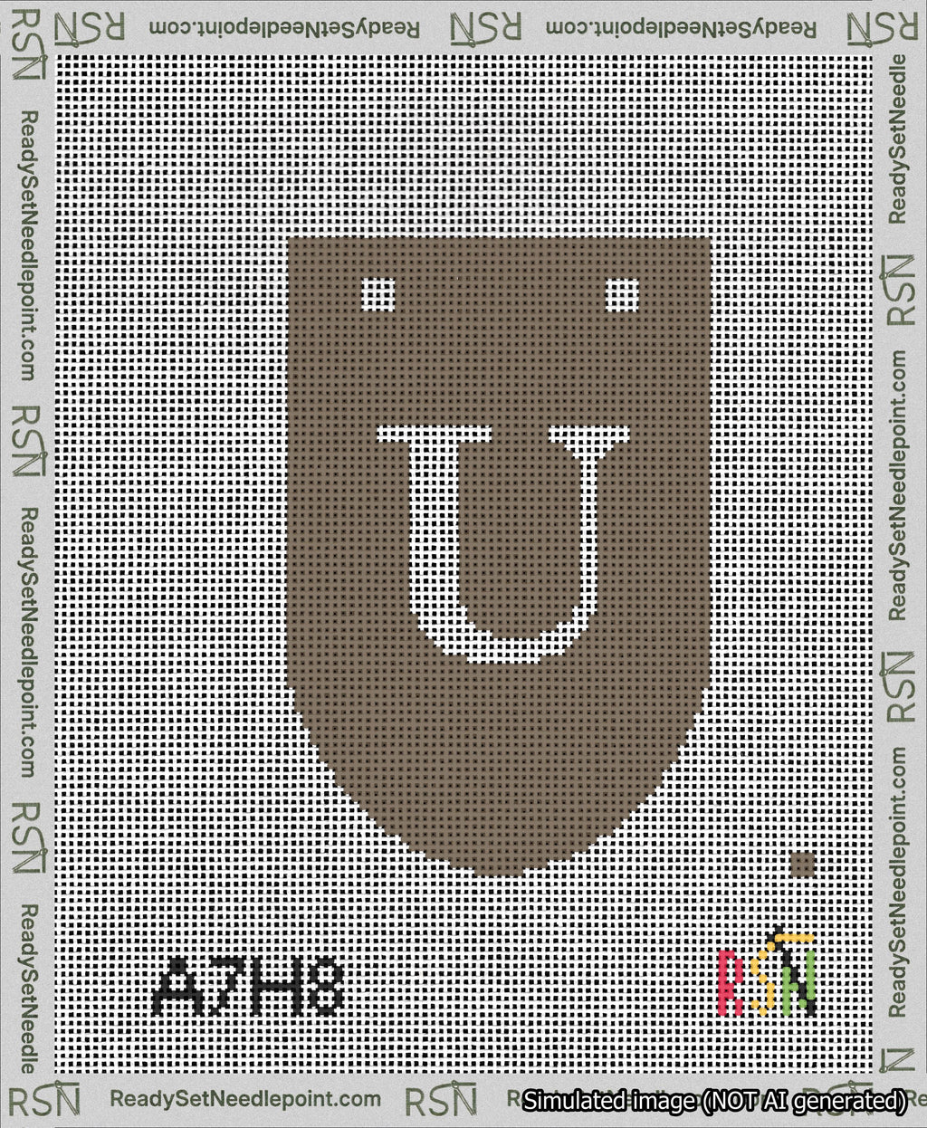 A taped needlepoint canvas with the design: Banner 13 mesh count Rounded U White on Brown.