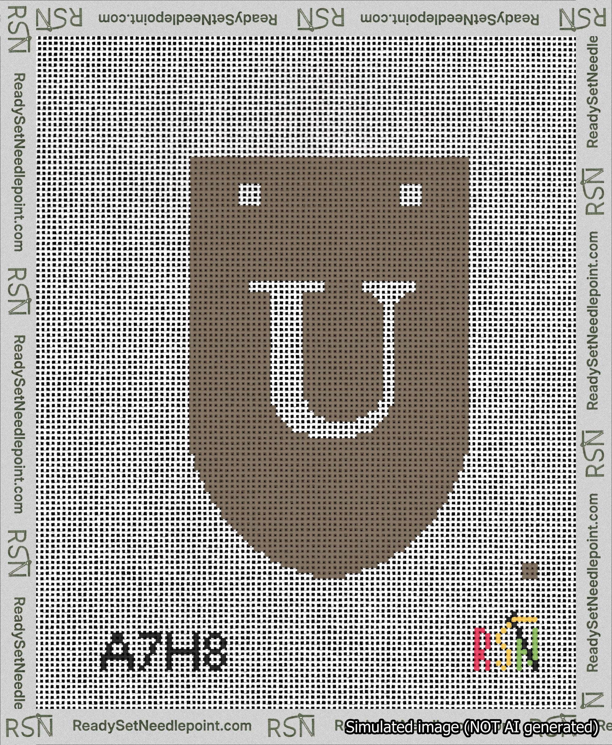 A taped needlepoint canvas with the design: Banner 13 mesh count Rounded U White on Brown.