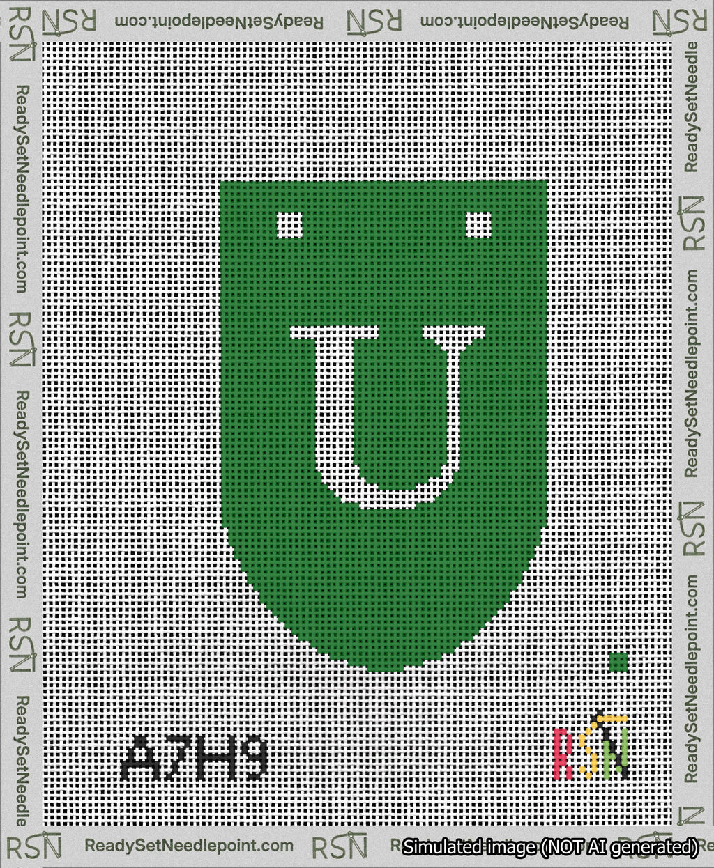 A taped needlepoint canvas with the design: Banner 13 mesh count Rounded U White on Green.