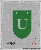 A taped needlepoint canvas with the design: Banner 13 mesh count Rounded U White on Green.