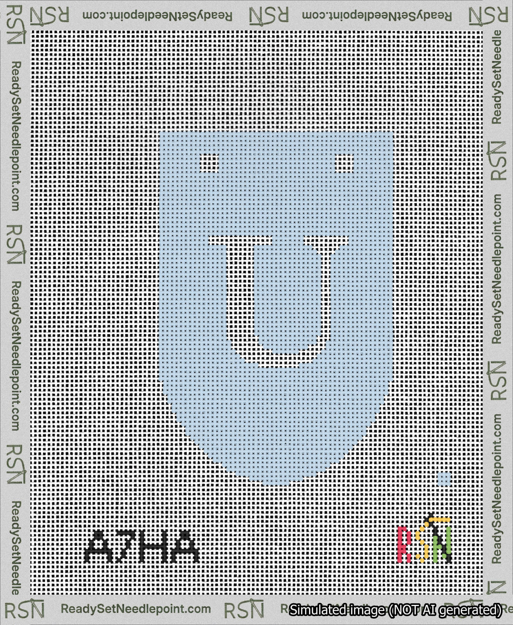 A taped needlepoint canvas with the design: Banner 13 mesh count Rounded U White on Light Blue.