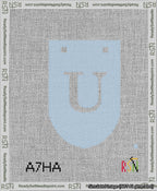A taped needlepoint canvas with the design: Banner 13 mesh count Rounded U White on Light Blue.