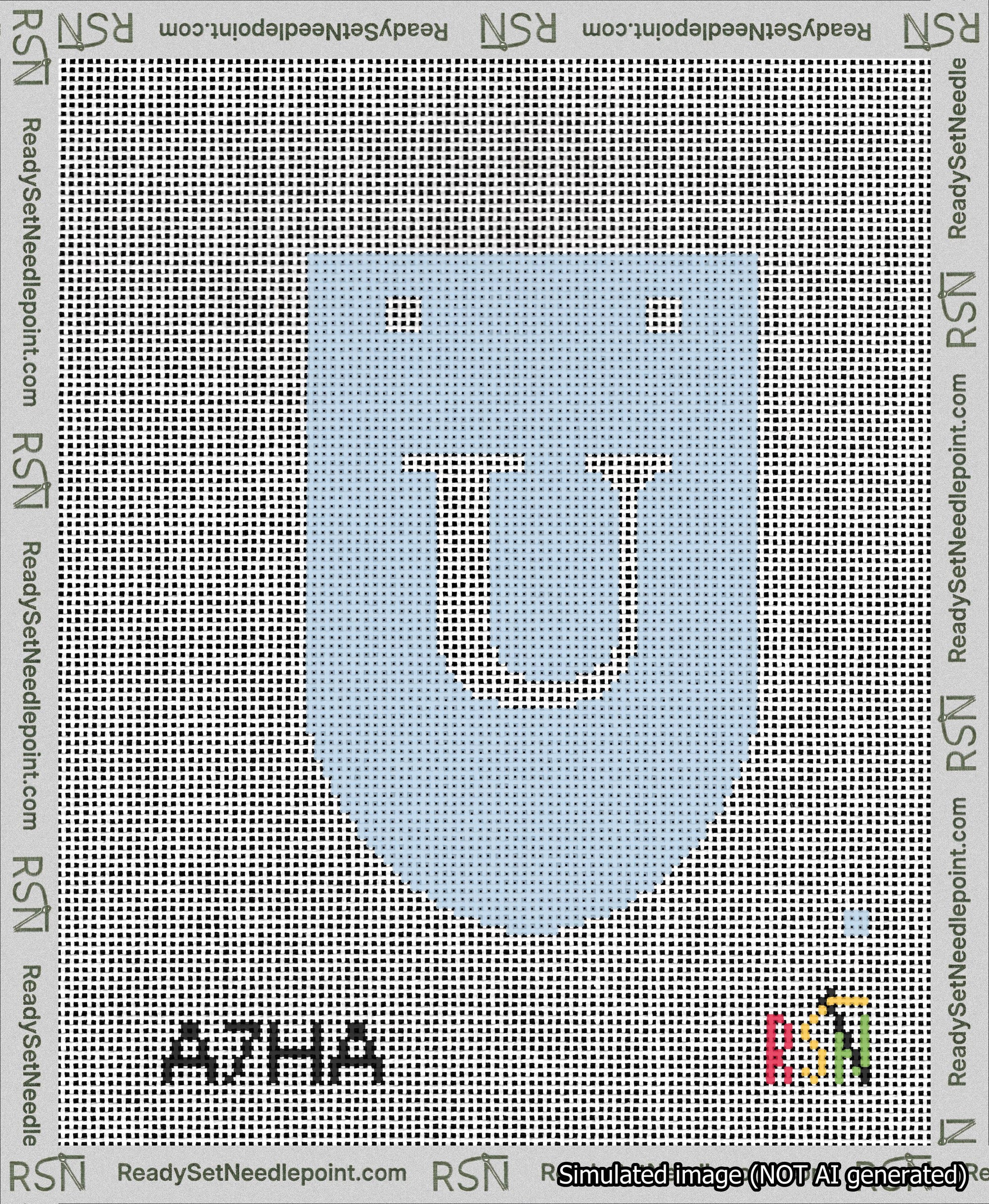 A taped needlepoint canvas with the design: Banner 13 mesh count Rounded U White on Light Blue.