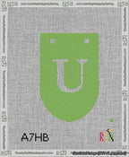 A taped needlepoint canvas with the design: Banner 13 mesh count Rounded U White on Light Green.