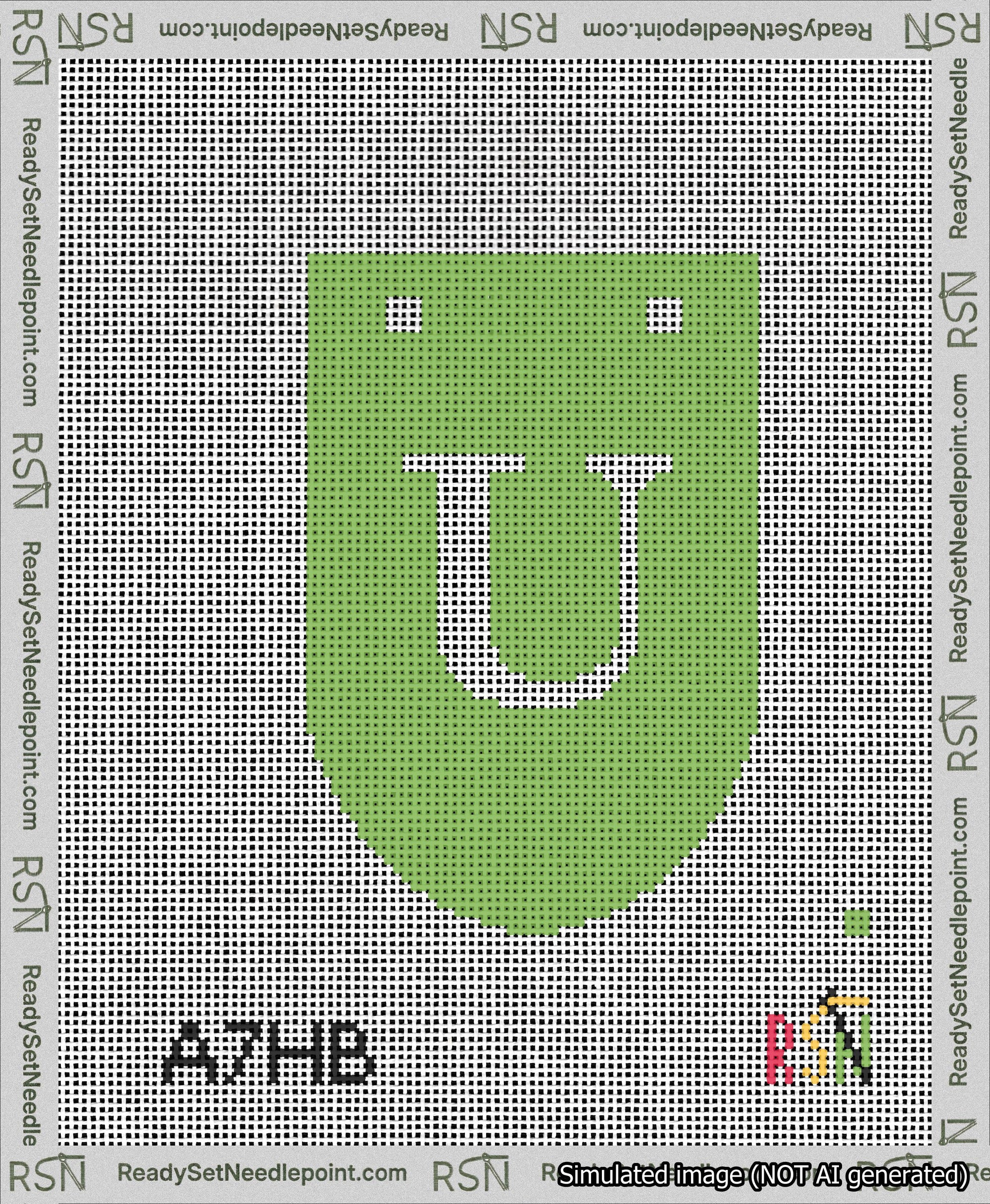 A taped needlepoint canvas with the design: Banner 13 mesh count Rounded U White on Light Green.