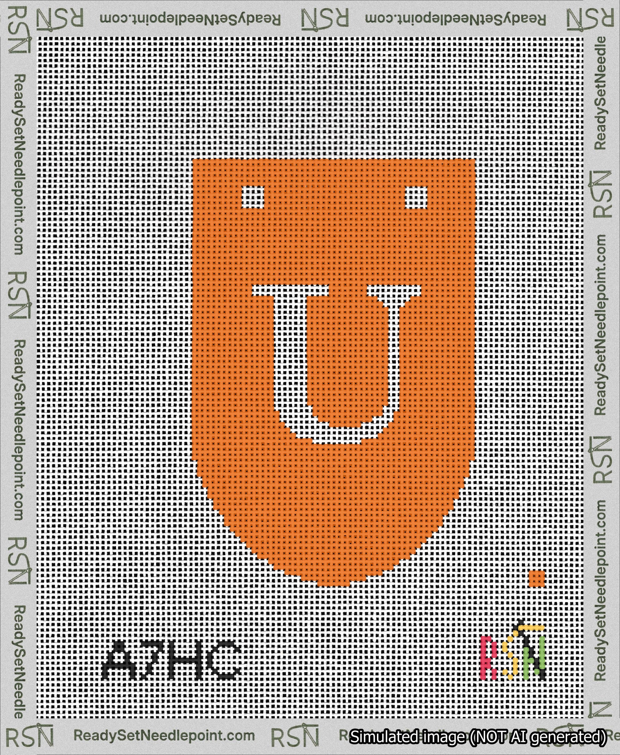 A taped needlepoint canvas with the design: Banner 13 mesh count Rounded U White on Orange.