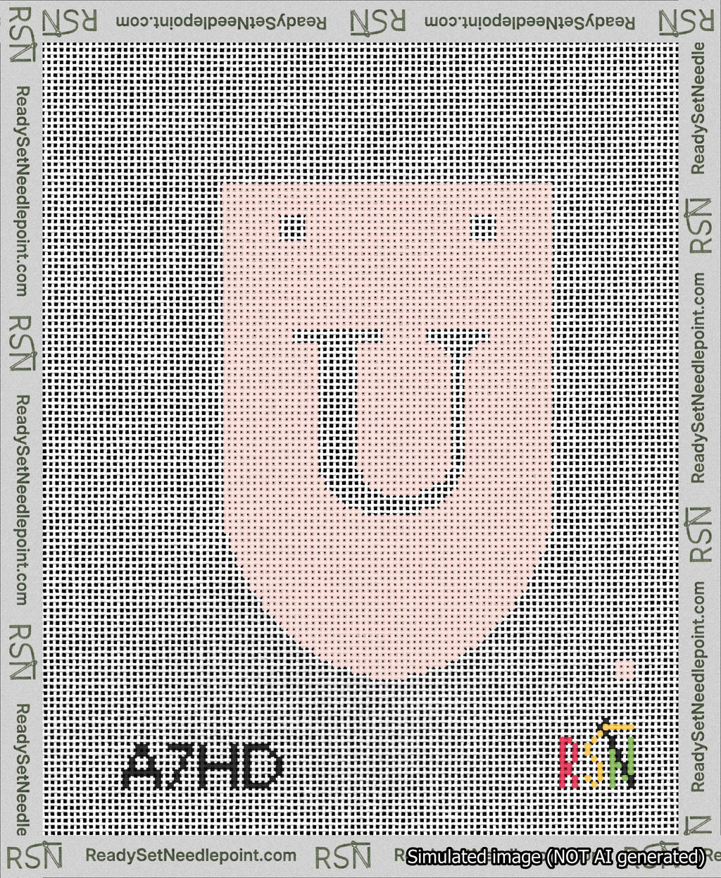 A taped needlepoint canvas with the design: Banner 13 mesh count Rounded U White on Pink.