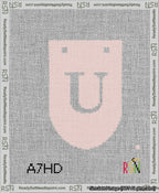 A taped needlepoint canvas with the design: Banner 13 mesh count Rounded U White on Pink.