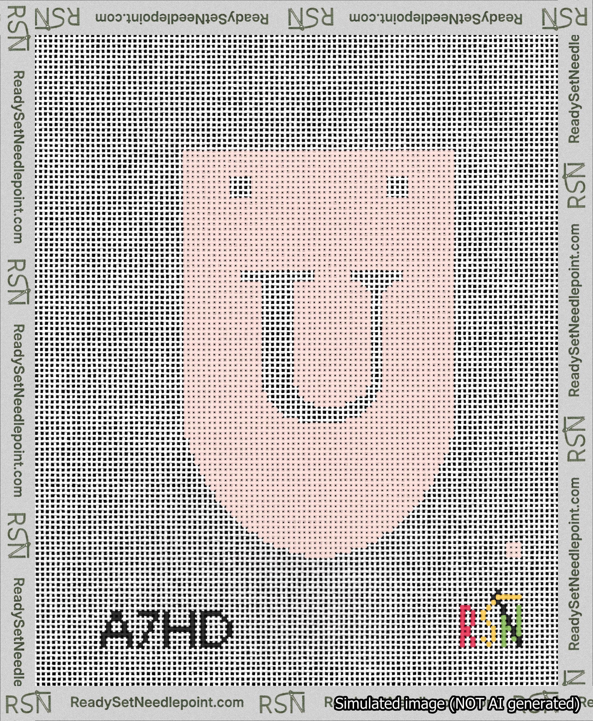 A taped needlepoint canvas with the design: Banner 13 mesh count Rounded U White on Pink.