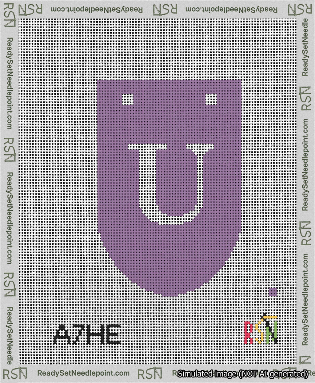 A taped needlepoint canvas with the design: Banner 13 mesh count Rounded U White on Purple.