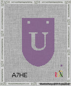 A taped needlepoint canvas with the design: Banner 13 mesh count Rounded U White on Purple.