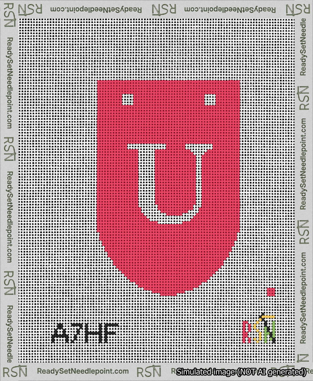 A taped needlepoint canvas with the design: Banner 13 mesh count Rounded U White on Red.