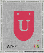A taped needlepoint canvas with the design: Banner 13 mesh count Rounded U White on Red.