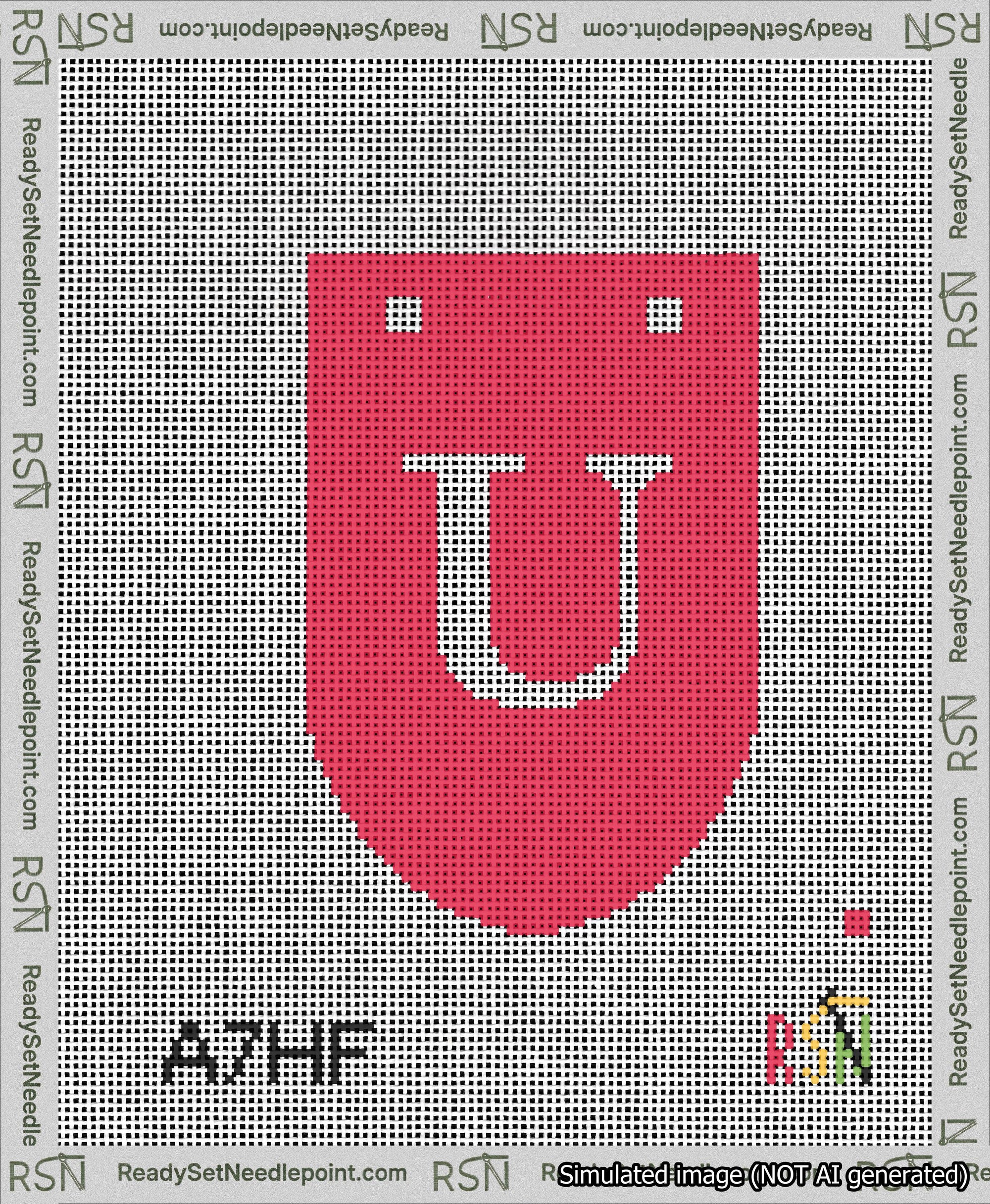 A taped needlepoint canvas with the design: Banner 13 mesh count Rounded U White on Red.