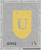 A taped needlepoint canvas with the design: Banner 13 mesh count Rounded U White on Yellow.