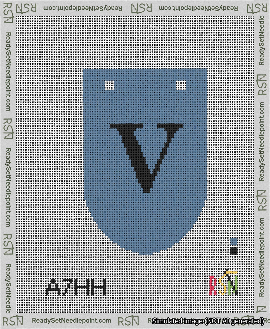 A taped needlepoint canvas with the design: Banner 13 mesh count Rounded V Black on Blue.
