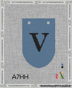 A taped needlepoint canvas with the design: Banner 13 mesh count Rounded V Black on Blue.