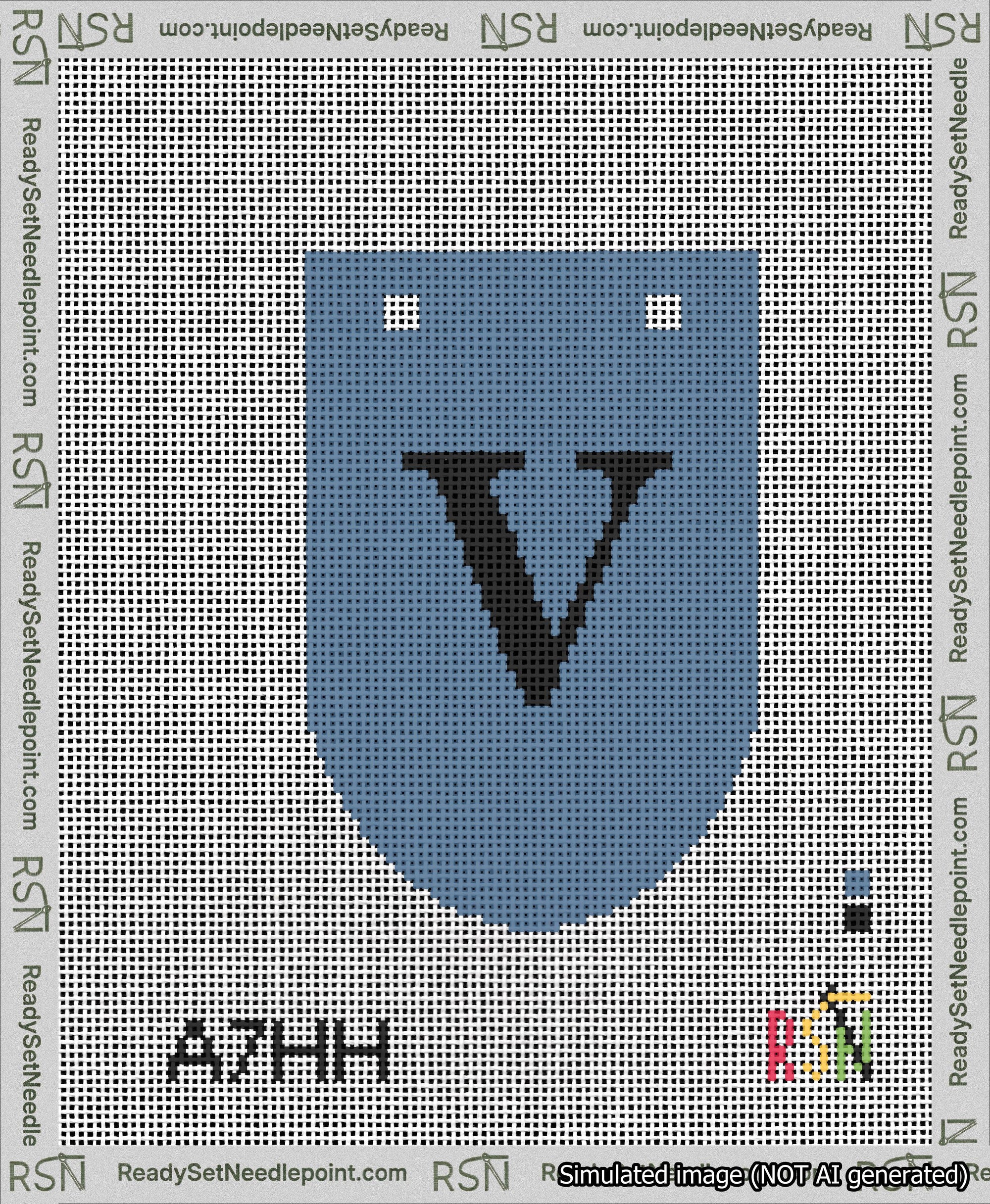 A taped needlepoint canvas with the design: Banner 13 mesh count Rounded V Black on Blue.