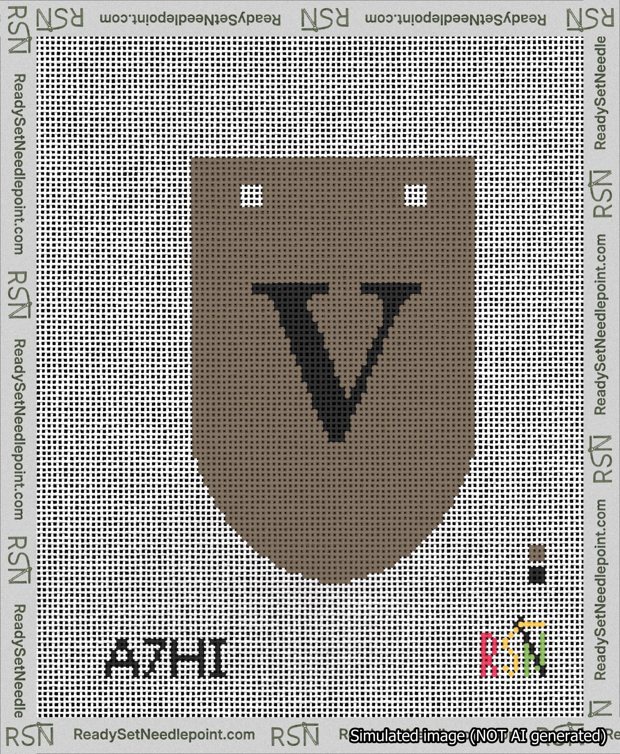A taped needlepoint canvas with the design: Banner 13 mesh count Rounded V Black on Brown.