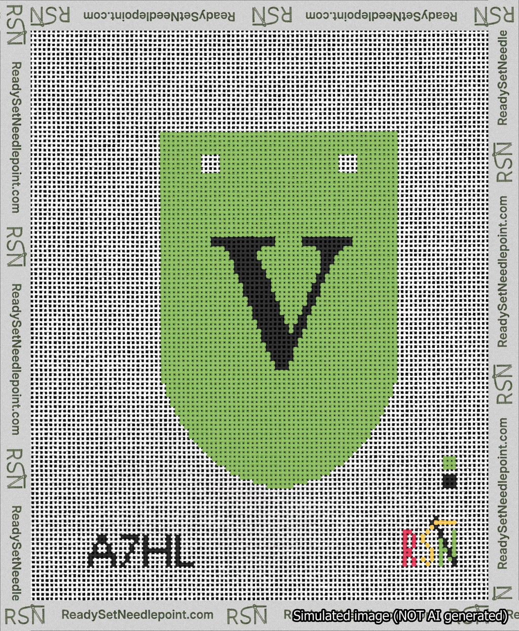 A taped needlepoint canvas with the design: Banner 13 mesh count Rounded V Black on Light Green.