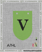 A taped needlepoint canvas with the design: Banner 13 mesh count Rounded V Black on Light Green.