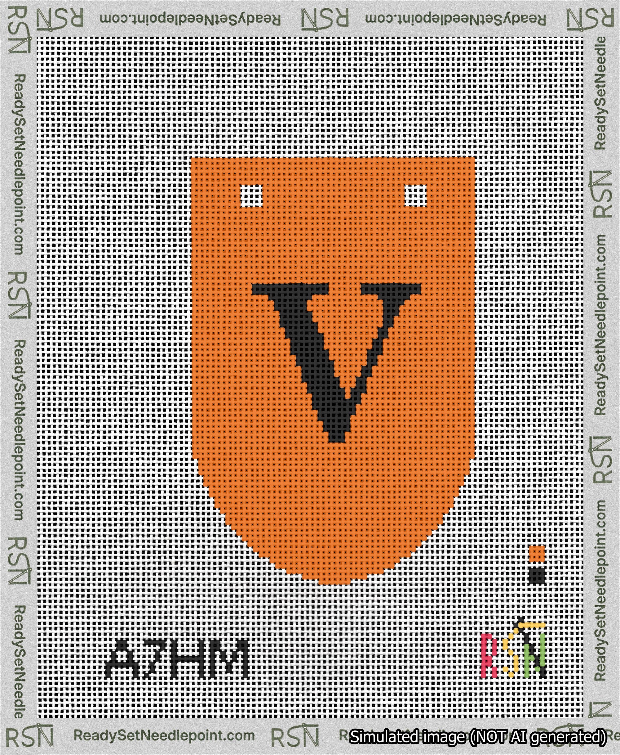 A taped needlepoint canvas with the design: Banner 13 mesh count Rounded V Black on Orange.