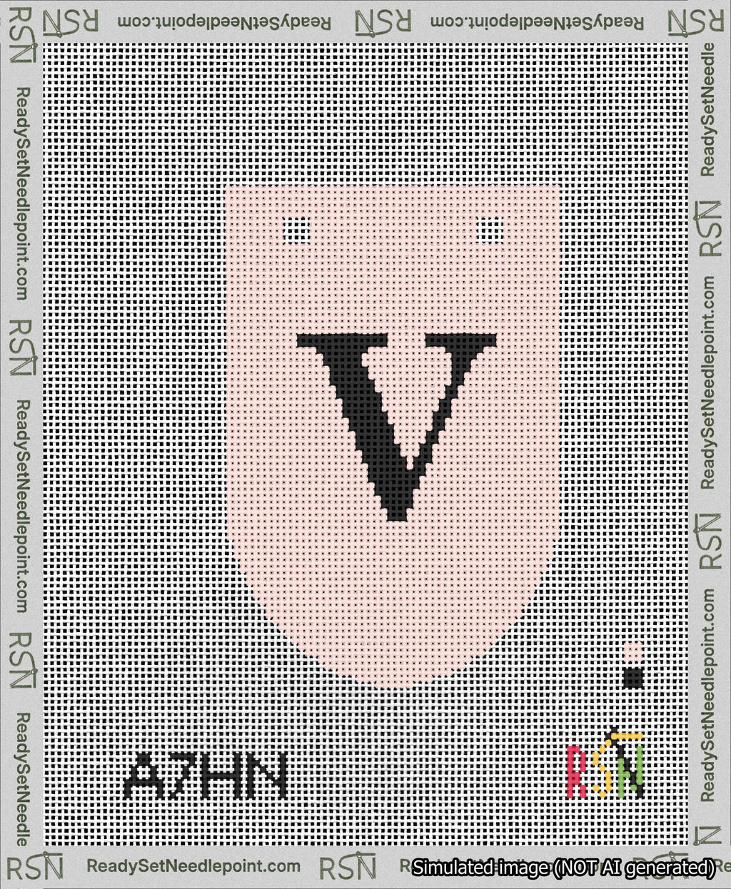 A taped needlepoint canvas with the design: Banner 13 mesh count Rounded V Black on Pink.