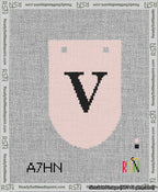 A taped needlepoint canvas with the design: Banner 13 mesh count Rounded V Black on Pink.