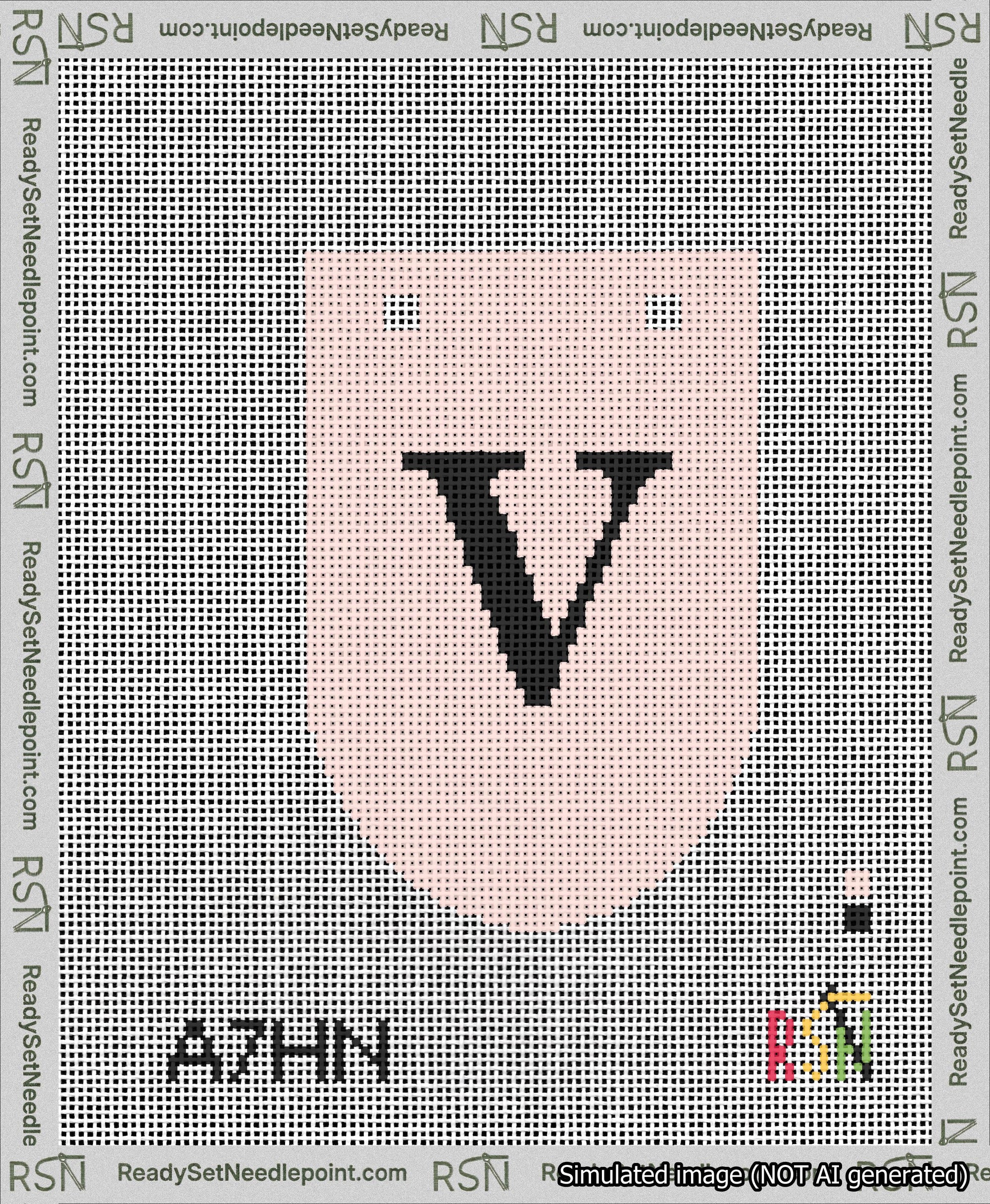A taped needlepoint canvas with the design: Banner 13 mesh count Rounded V Black on Pink.