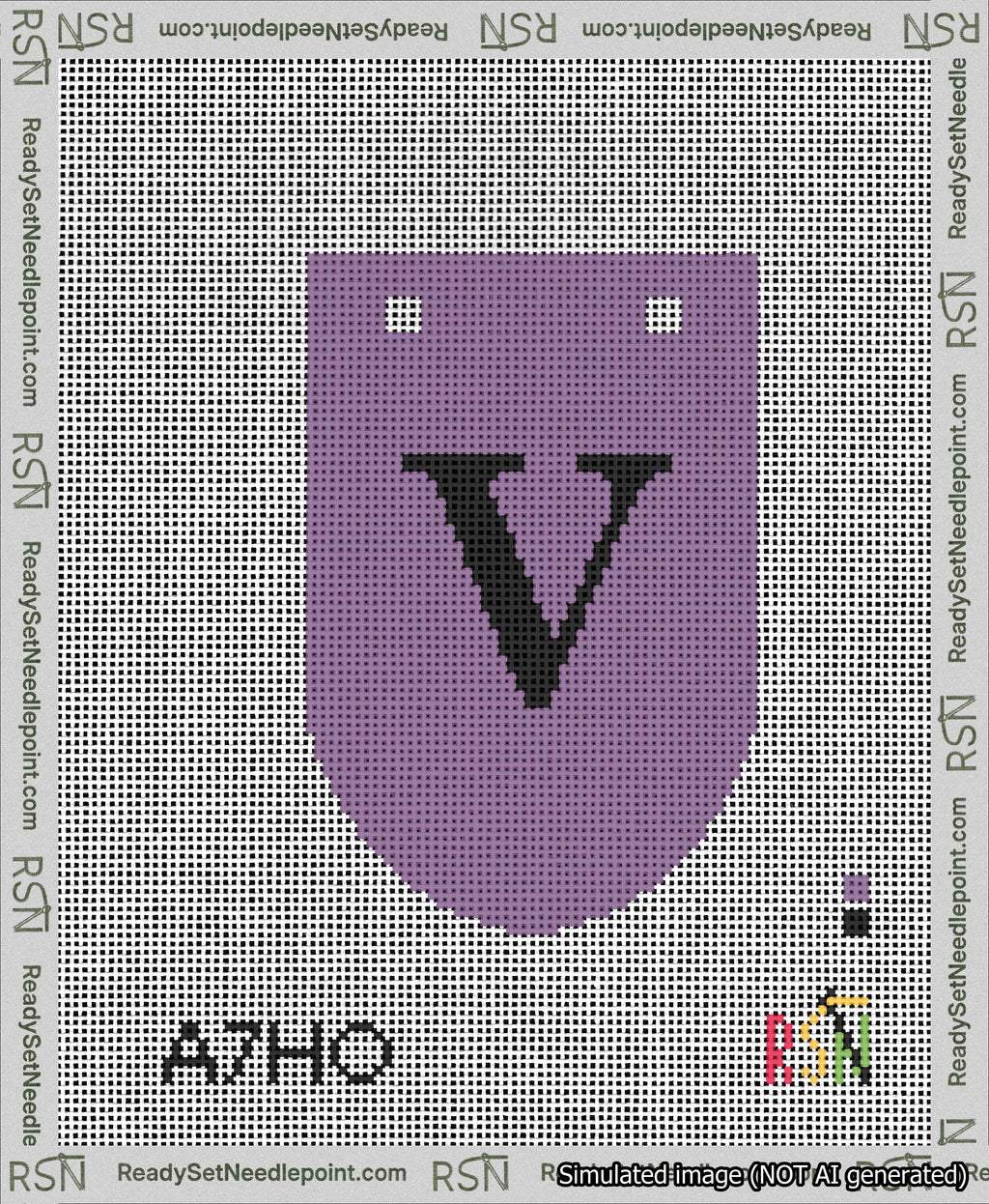 A taped needlepoint canvas with the design: Banner 13 mesh count Rounded V Black on Purple.