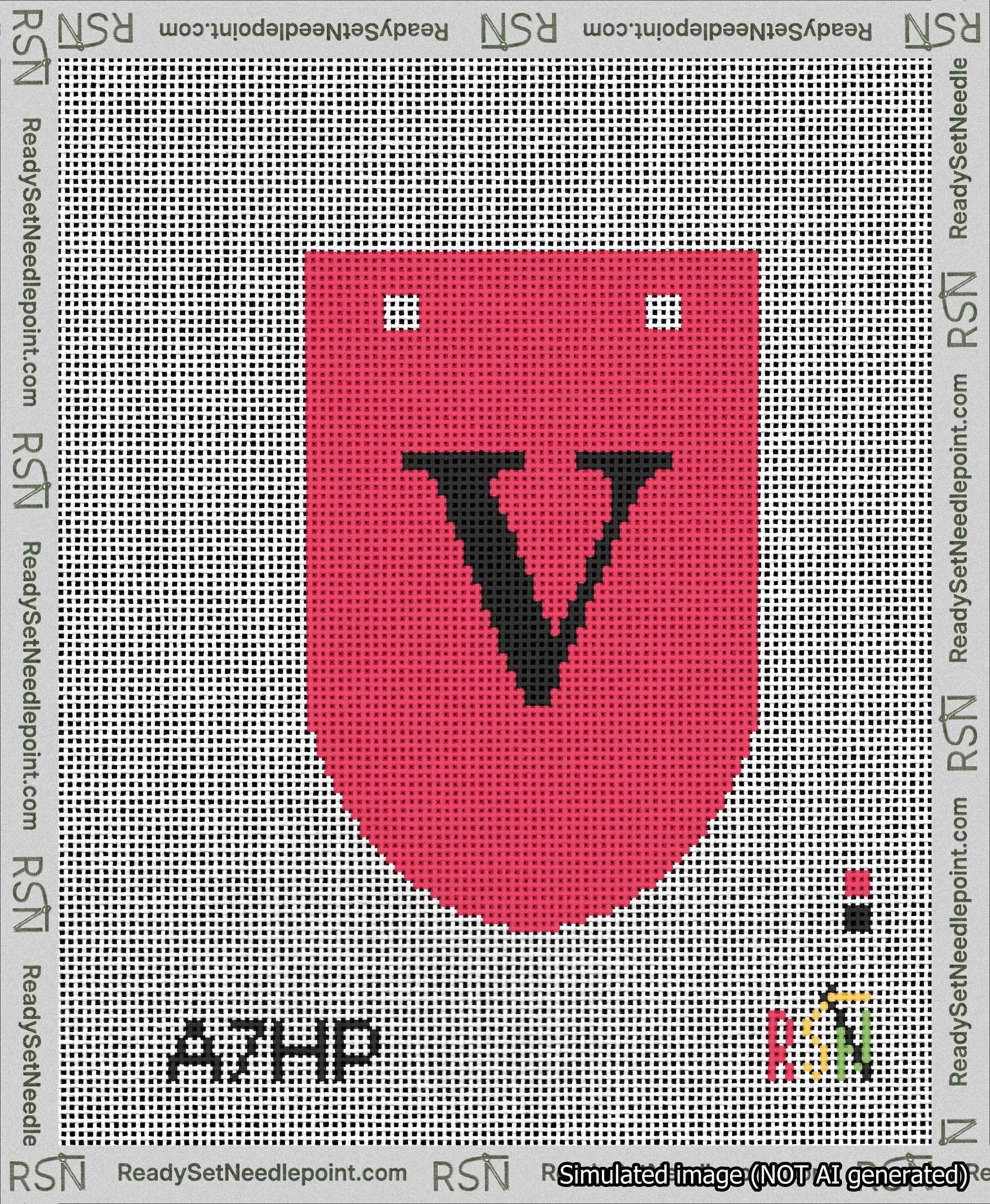 A taped needlepoint canvas with the design: Banner 13 mesh count Rounded V Black on Red.