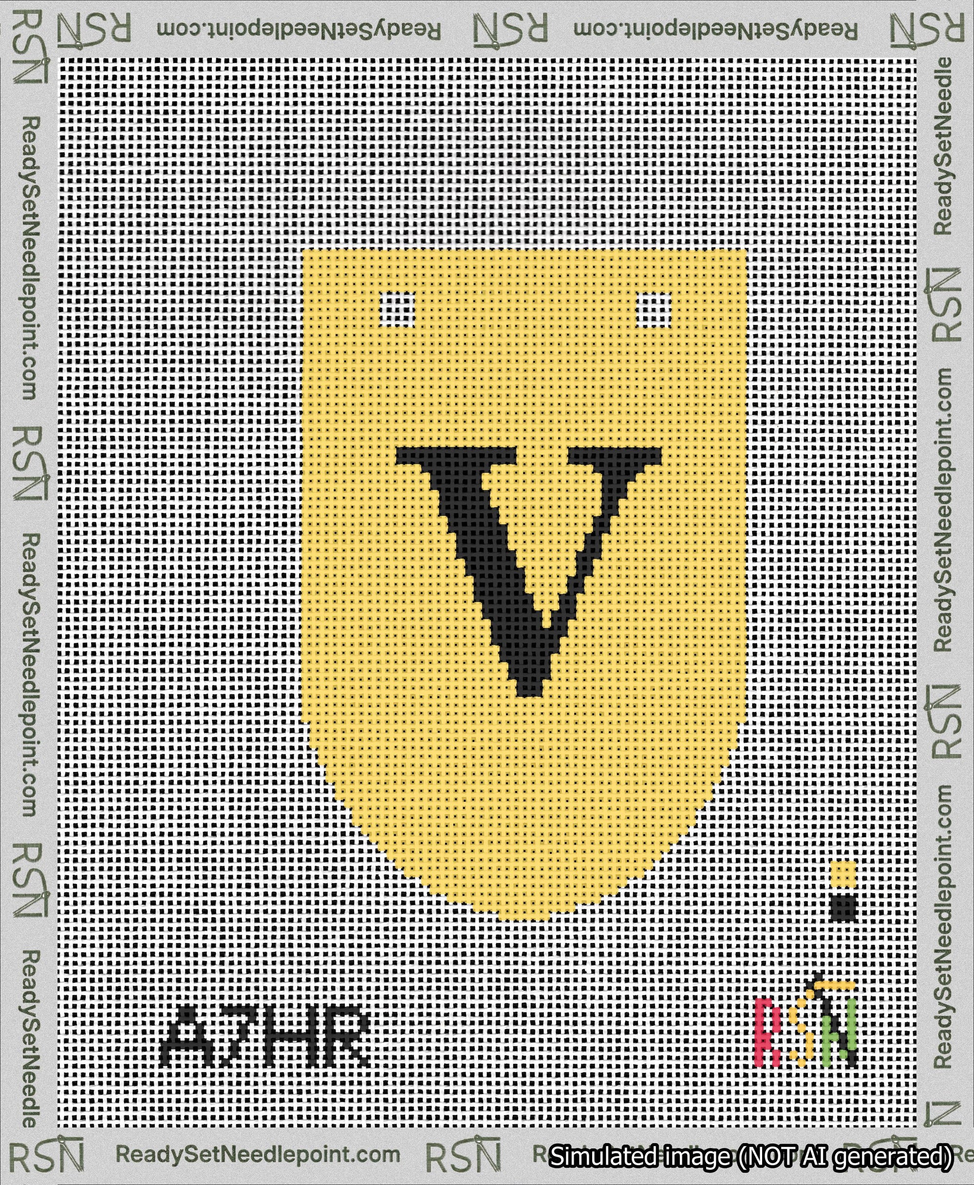 A taped needlepoint canvas with the design: Banner 13 mesh count Rounded V Black on Yellow.