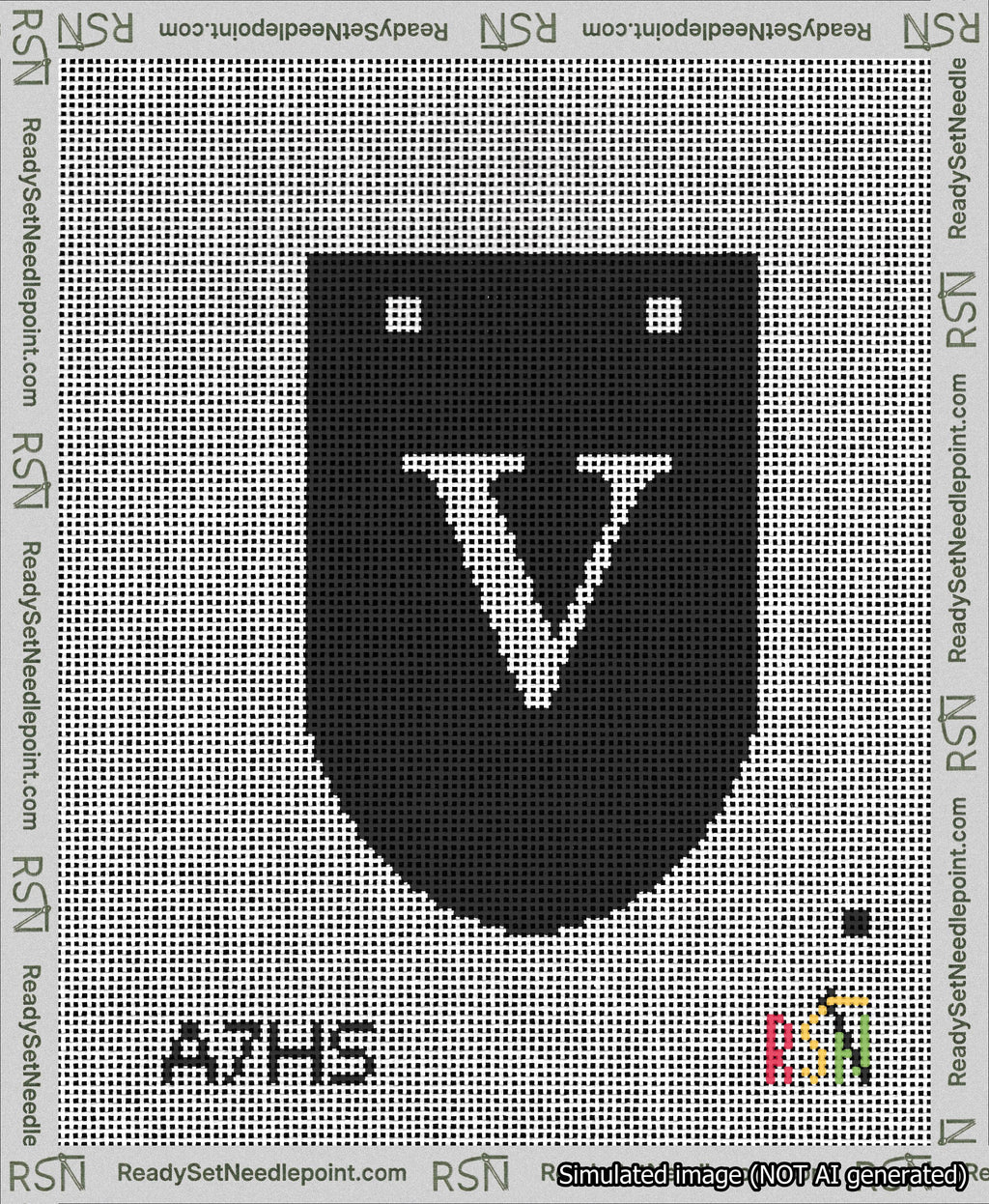 A taped needlepoint canvas with the design: Banner 13 mesh count Rounded V White on Black.