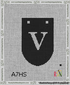 A taped needlepoint canvas with the design: Banner 13 mesh count Rounded V White on Black.
