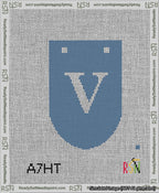 A taped needlepoint canvas with the design: Banner 13 mesh count Rounded V White on Blue.