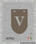 A taped needlepoint canvas with the design: Banner 13 mesh count Rounded V White on Brown.