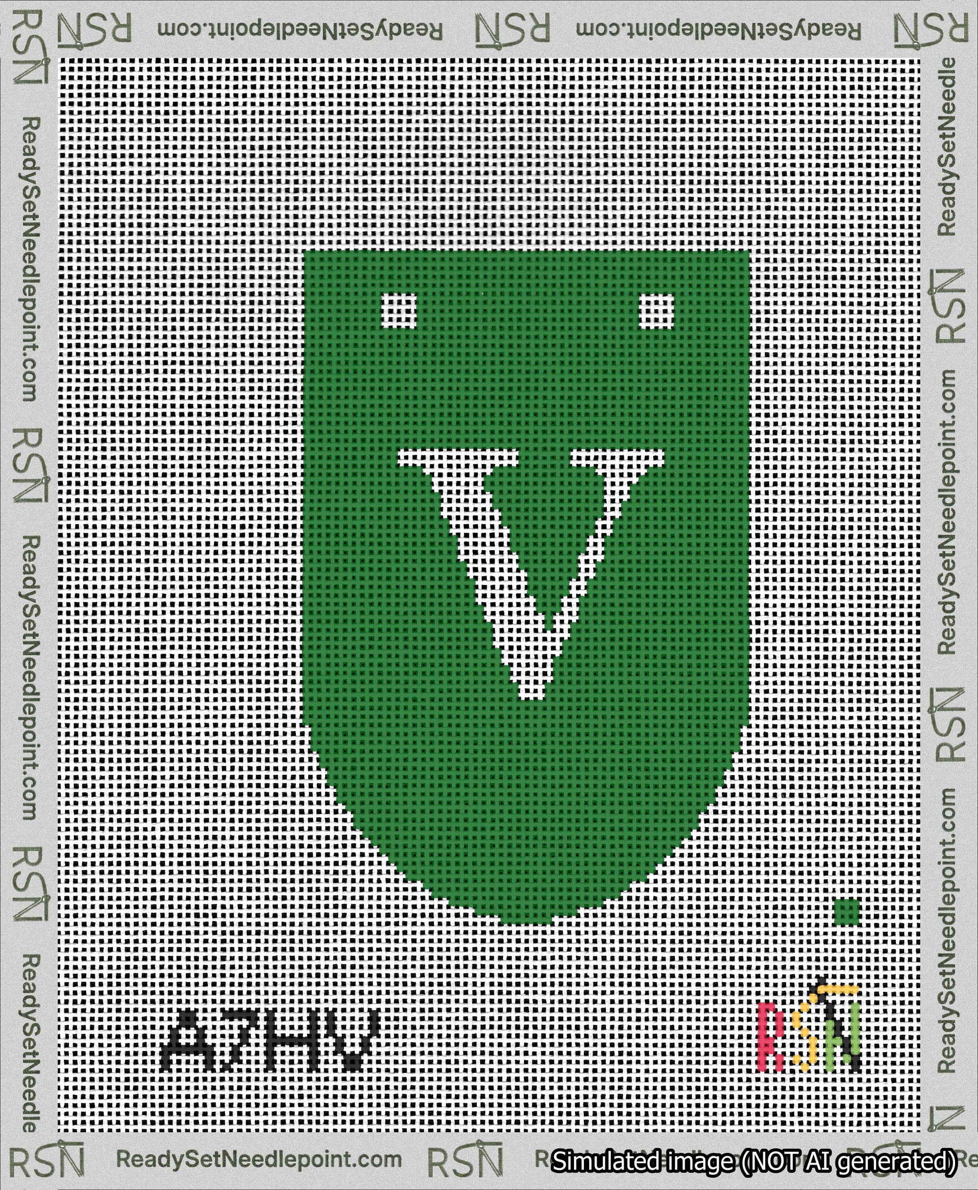 A taped needlepoint canvas with the design: Banner 13 mesh count Rounded V White on Green.