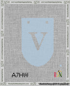 A taped needlepoint canvas with the design: Banner 13 mesh count Rounded V White on Light Blue.