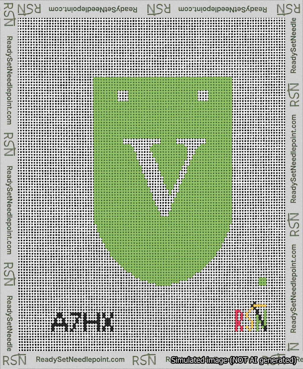 A taped needlepoint canvas with the design: Banner 13 mesh count Rounded V White on Light Green.