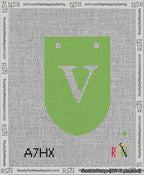A taped needlepoint canvas with the design: Banner 13 mesh count Rounded V White on Light Green.