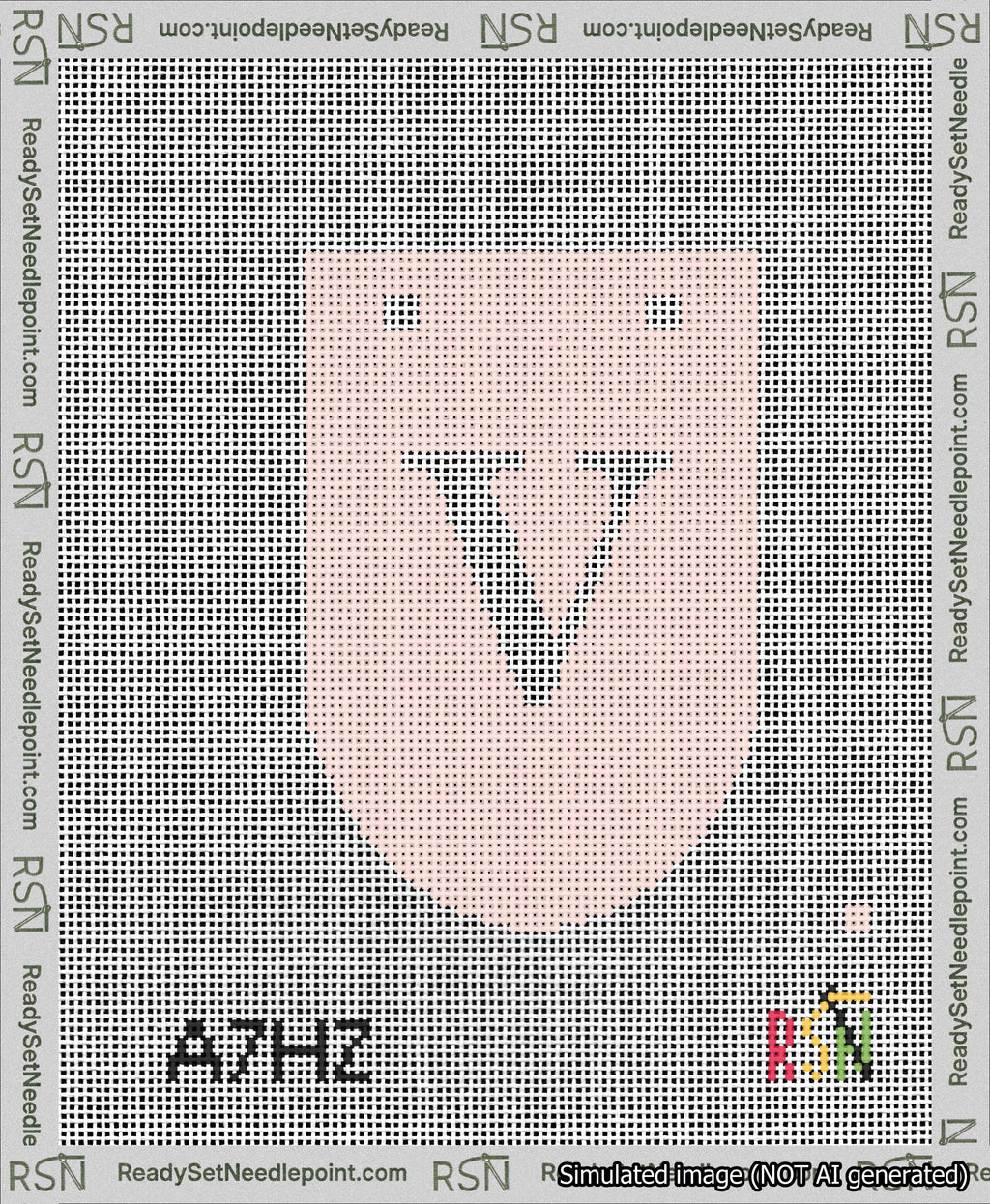 A taped needlepoint canvas with the design: Banner 13 mesh count Rounded V White on Pink.