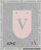 A taped needlepoint canvas with the design: Banner 13 mesh count Rounded V White on Pink.